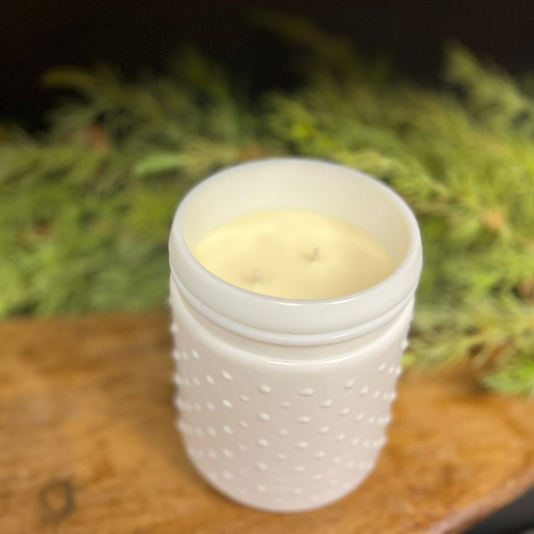 Cozy Embers Soy Candle | White Hobnail Jar Candle | Fireplace Candle