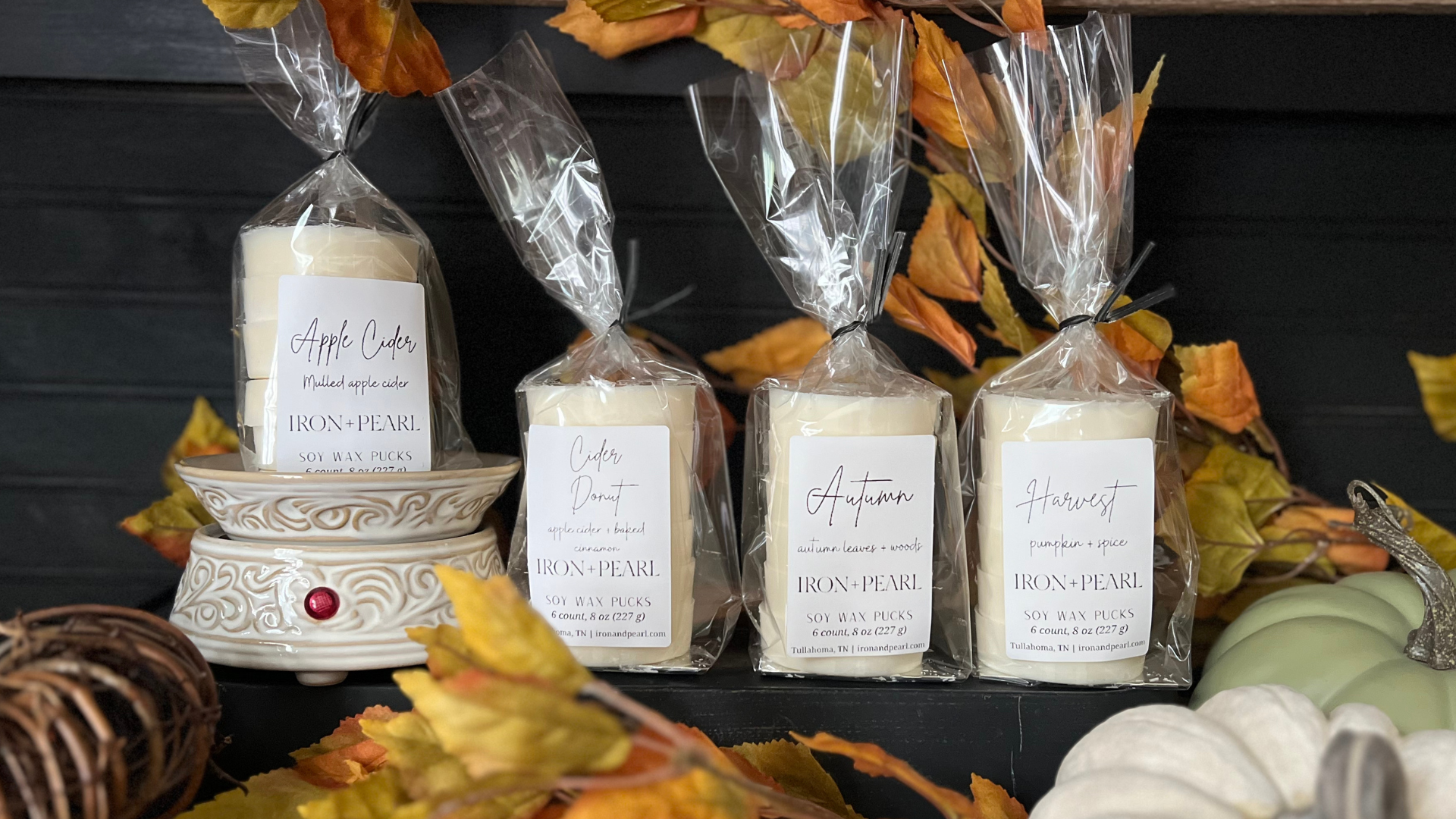 apple cider, cider donut, autumn leaves, harvest soy candles